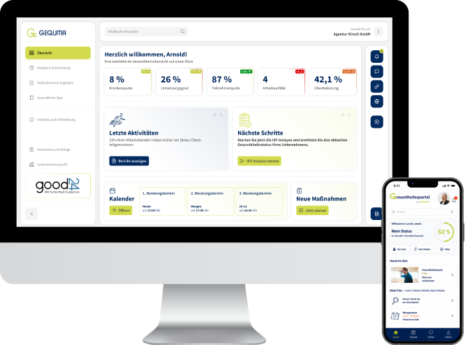Mockup des GEQUMA-Gesundheitsportals mit Dashboard auf einem Desktop-Bildschirm und der mobilen Gesundheits-App auf einem Smartphone.